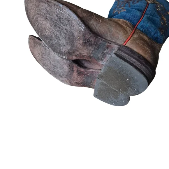 8.5 B J.B. Dillon Blue and Brown Cowboy Boots with Ornate Stitching - Picture 9 of 10
